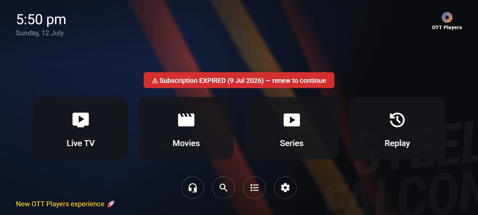 The app's home screen: Live TV, Movies, Series and Replay tiles on a dark background.