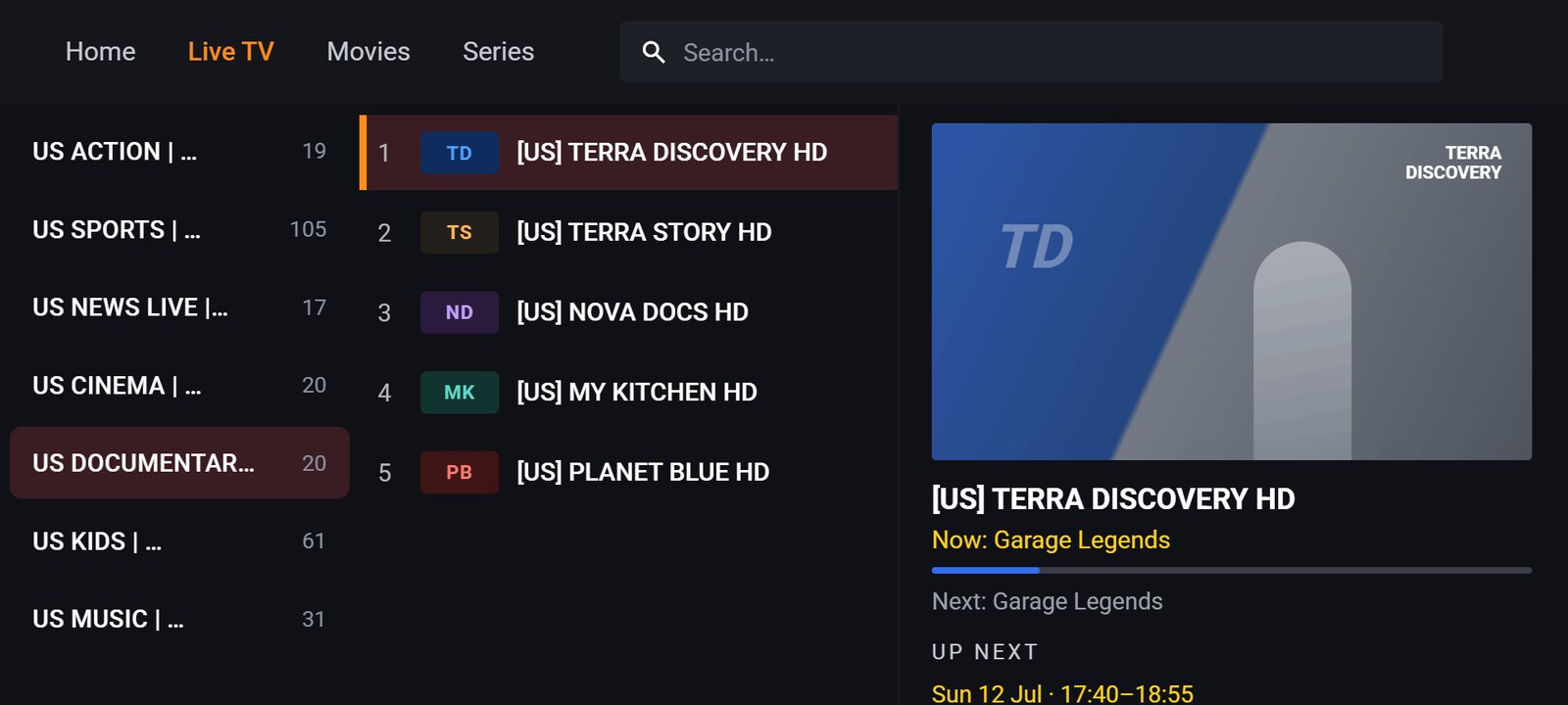 Live TV: category list, channel list and a now-playing preview with the current programme.