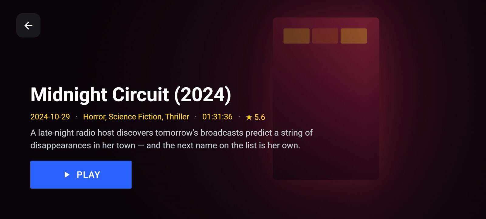 A movie detail page with poster, year, genres, runtime, rating, plot and a Play button.