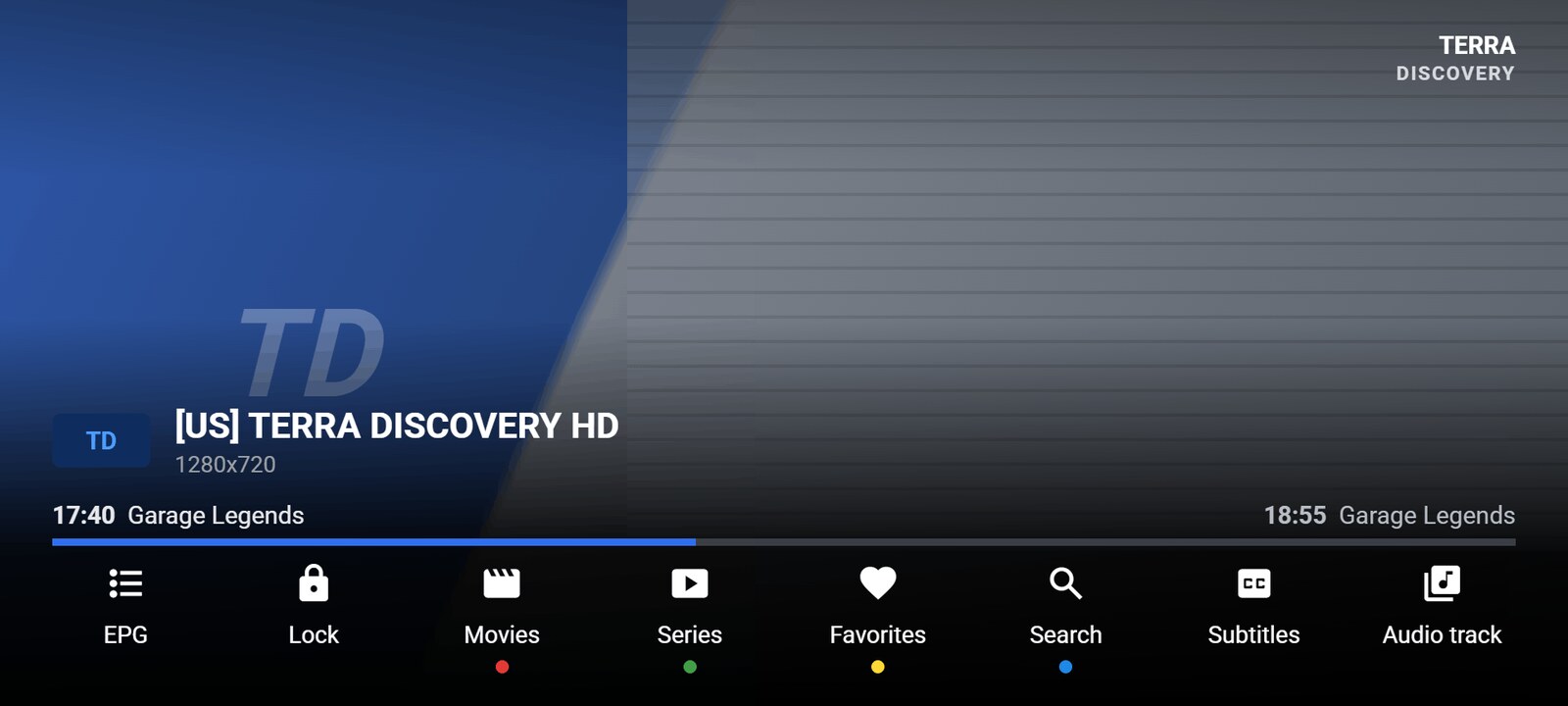 The full-screen player with a channel bar, programme progress and an EPG, Lock, Favourites and Subtitles toolbar.