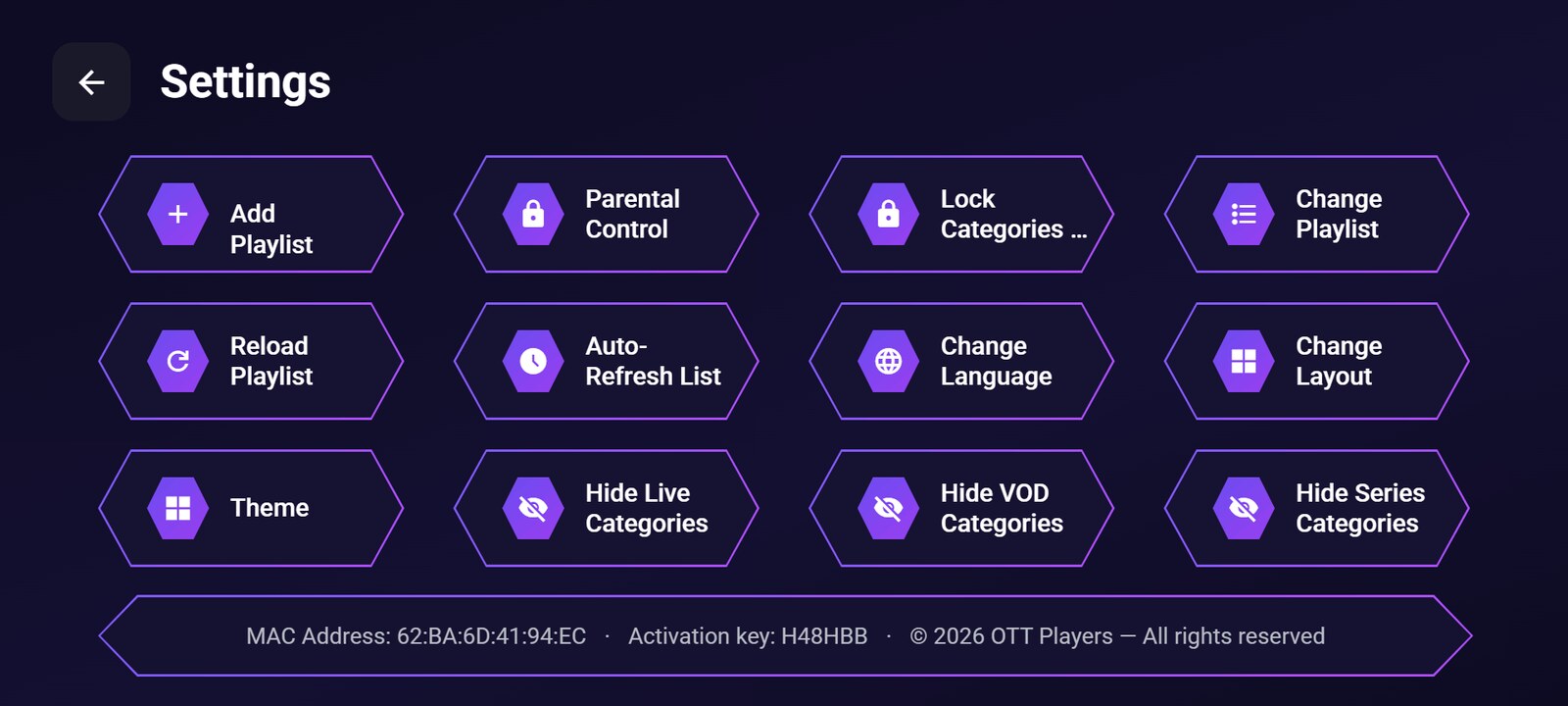 Settings screen with hexagonal tiles for add playlist, parental control, lock categories, change playlist, reload, auto-refresh, language, layout, theme and hiding categories.